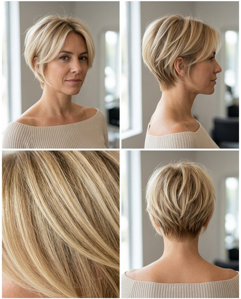 short pixie haircut in warm buttercream blonde with golden babylights for playful style