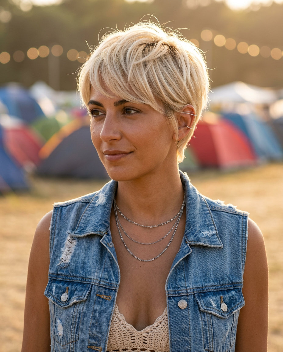 Buttercream Blonde Pixie 2026 short buttercream blonde pixie haircut with textured layers and side-swept fringe for summer 2026