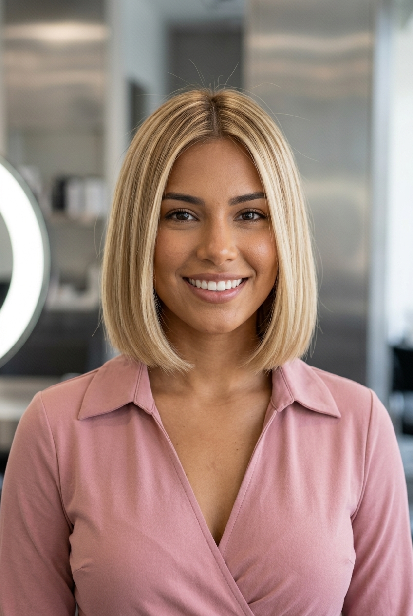chin-length blunt bob haircut with buttercream blonde, golden babylights, blunt perimeter — effortless