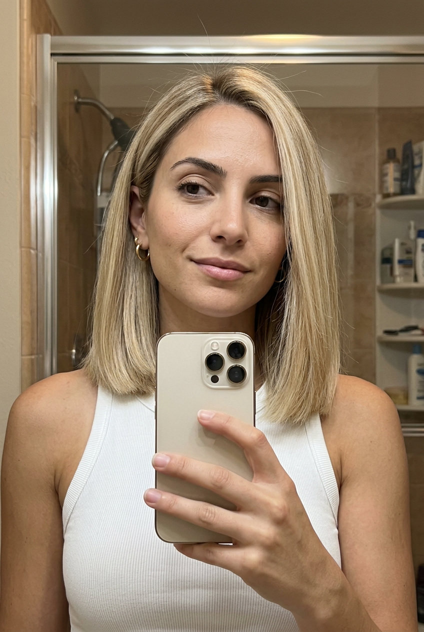 collarbone blunt bob haircut with buttercream blonde, pale gold lowlights, blunt perimeter — sun-kissed
