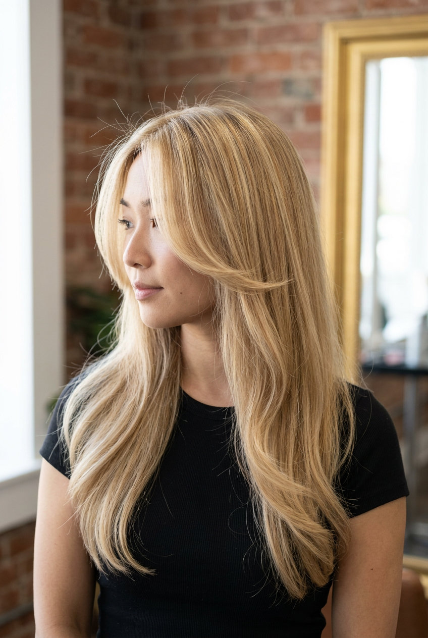 long layered haircut with buttercream blonde, honey babylights, rounded face-framing for brunch