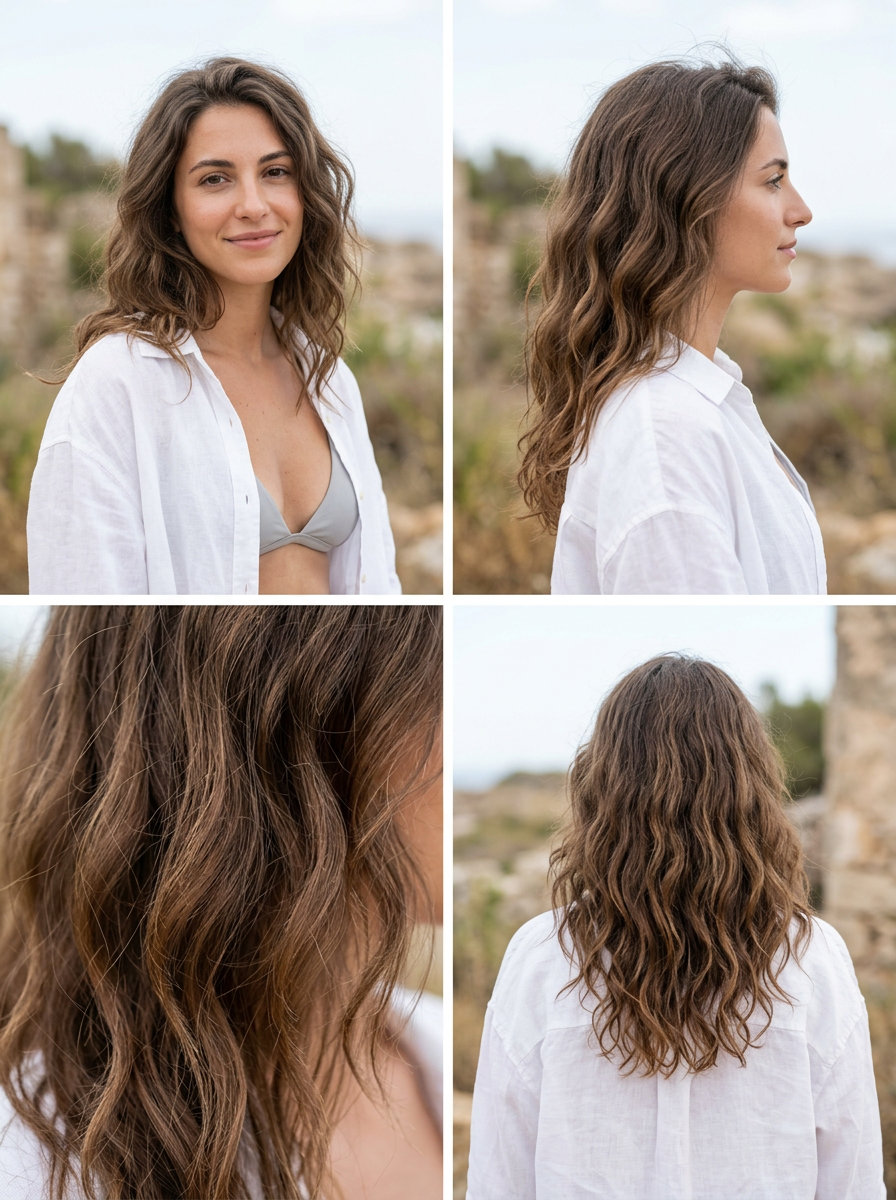 long wavy hairstyle with buttercream blonde and honey tones, natural texture, no fringe — effortless beach day
