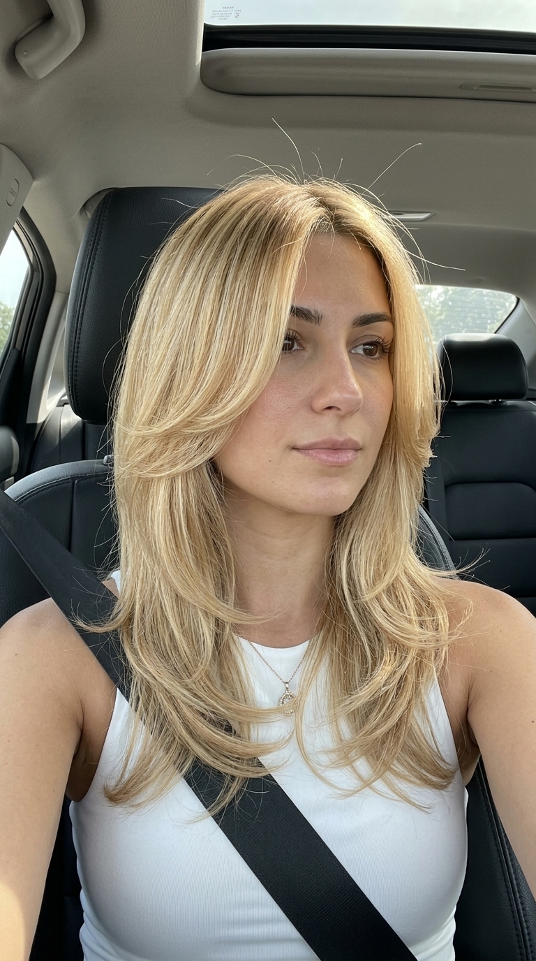 medium-length haircut with buttercream blonde, honey babylights, vanilla root smudge for brunch