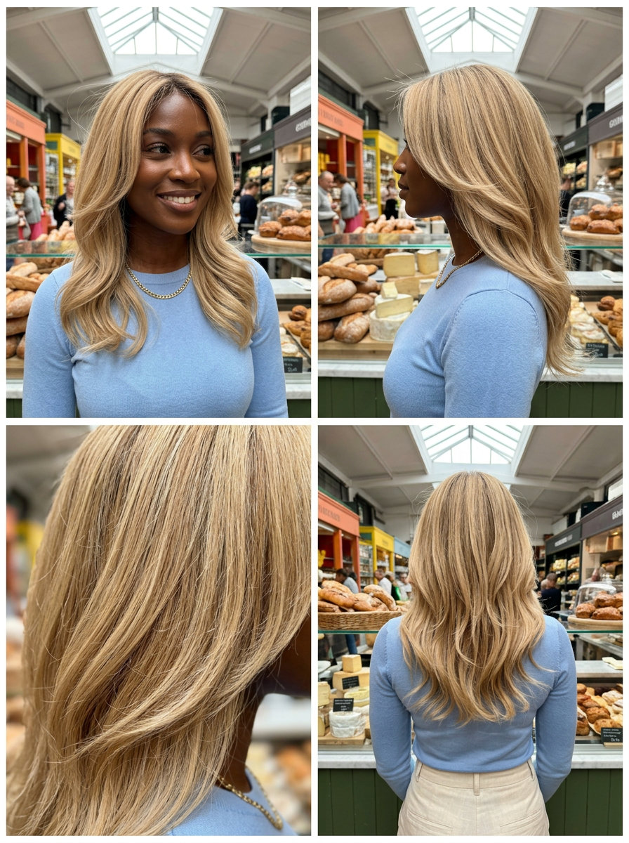 medium layered hairstyle warm buttercream blonde with honey babylights and soft V-shape for radiance