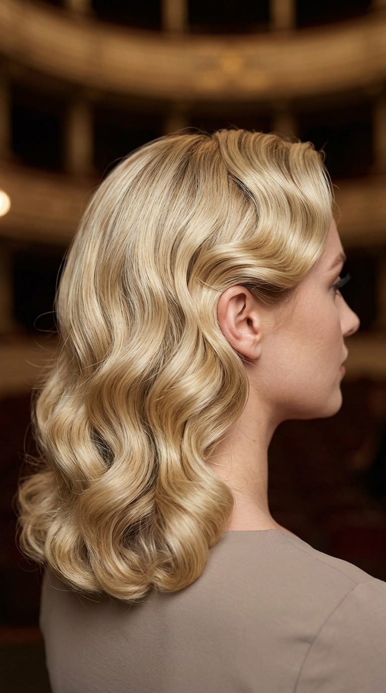 medium buttercream blonde wavy hairstyle with golden highlights, retro pin curls, no fringe — retro glam