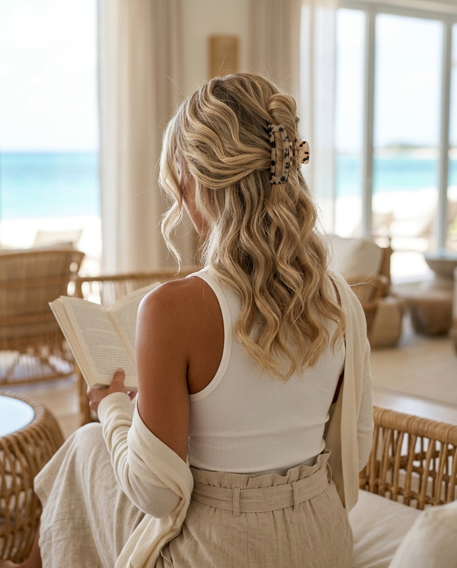 medium buttercream blonde wavy hairstyle with beige tones, sculpted waves, no fringe — effortless elegance