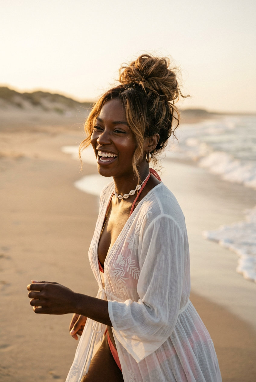 Boho Messy Top Knot 2026: Balayage long messy top knot with caramel balayage color, loop bun, face-framing tendrils — boho summer hairstyle 2026