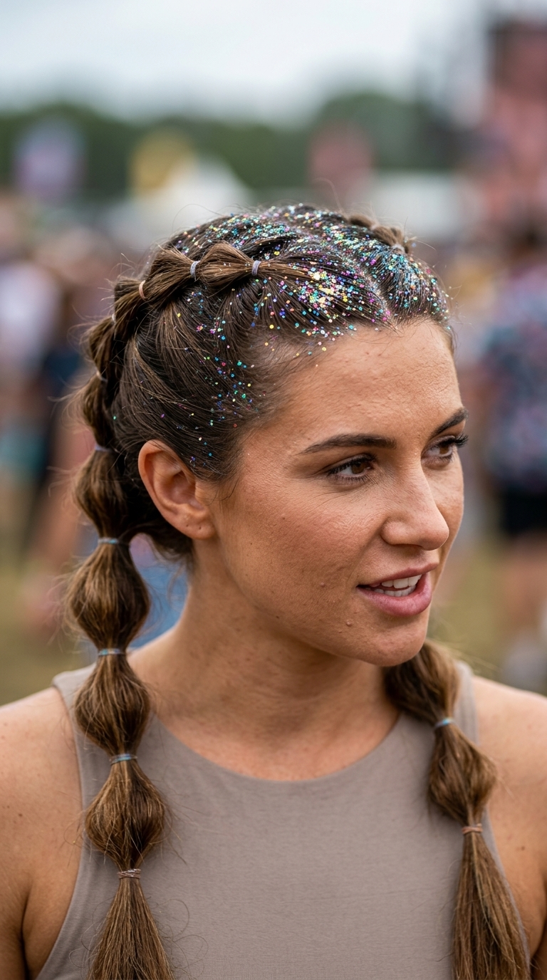 medium sun-kissed caramel balayage bubble braids with iridescent glitter roots for summer