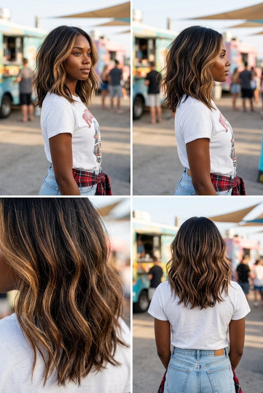 sun-kissed caramel balayage shoulder-length lob with tousled texture for summer