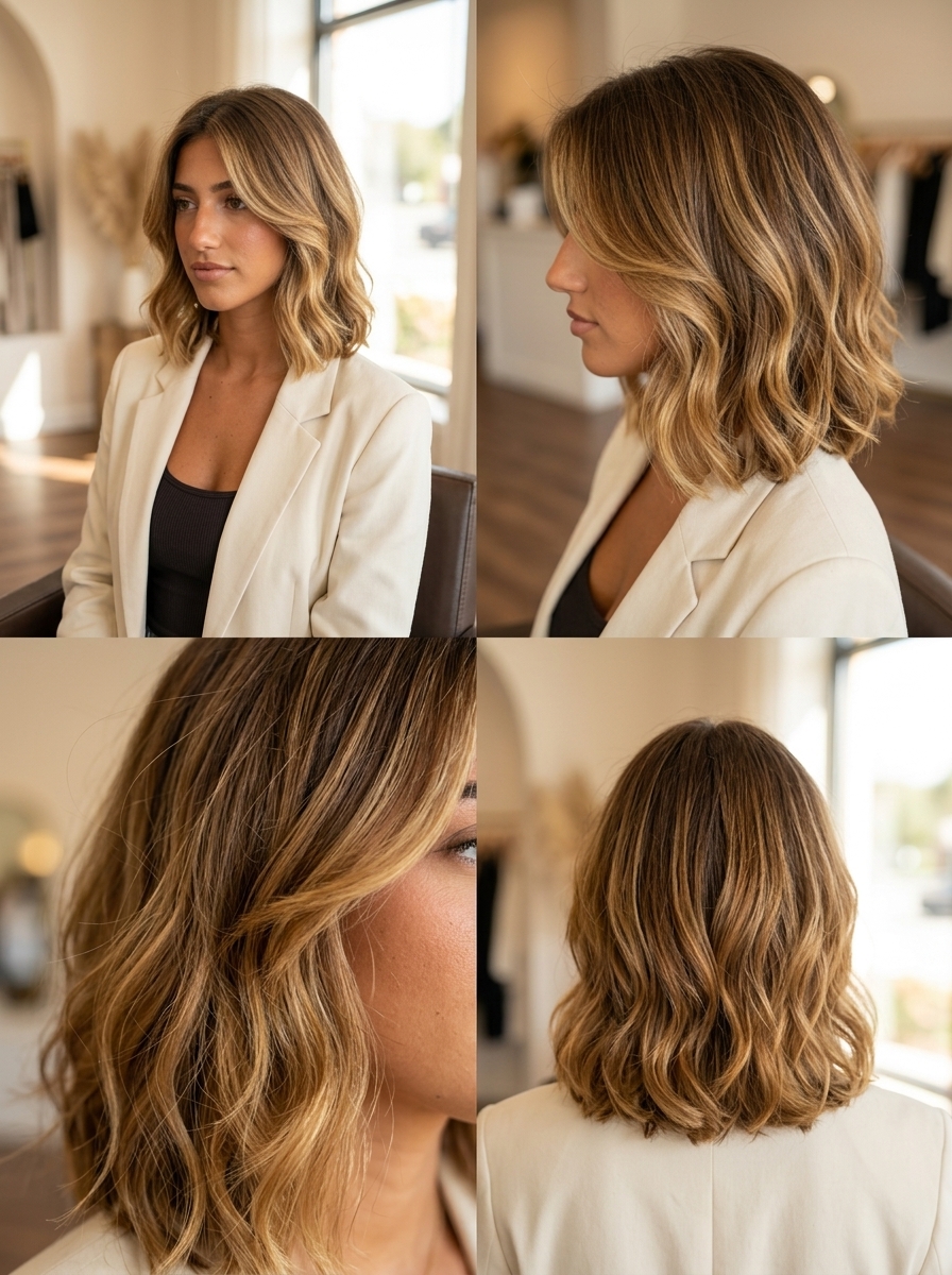 short layered bixie haircut with warm caramel ombré, golden blonde highlights, face-framing — romantic