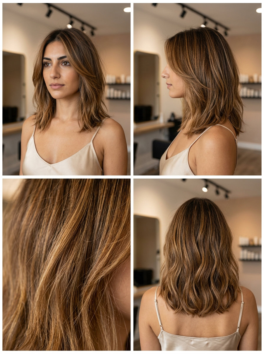 medium textured lob haircut with golden brunette, caramel balayage, no bangs — soft and romantic