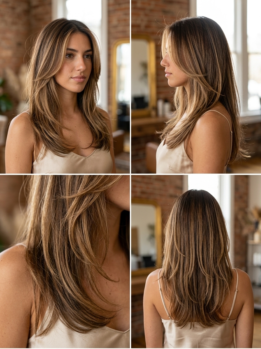 long layered haircut with soft caramel & golden balayage, face-framing layers — effortless chic