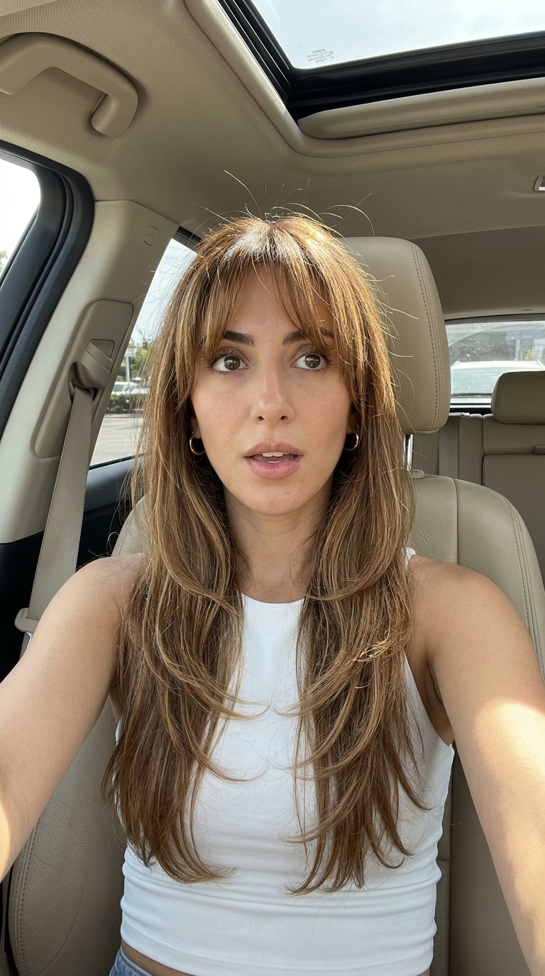 long haircut with warm caramel brown & honey babylights, subtle layers, bottleneck bangs — soft romantic