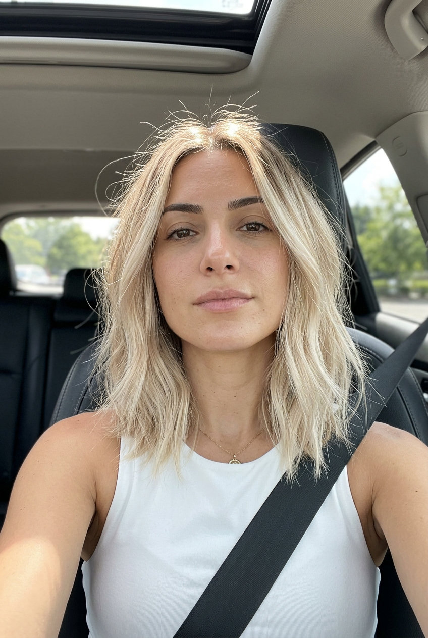 medium textured lob haircut with champagne blonde, beige-cream tones, soft root smudge — elegant sophisticated look