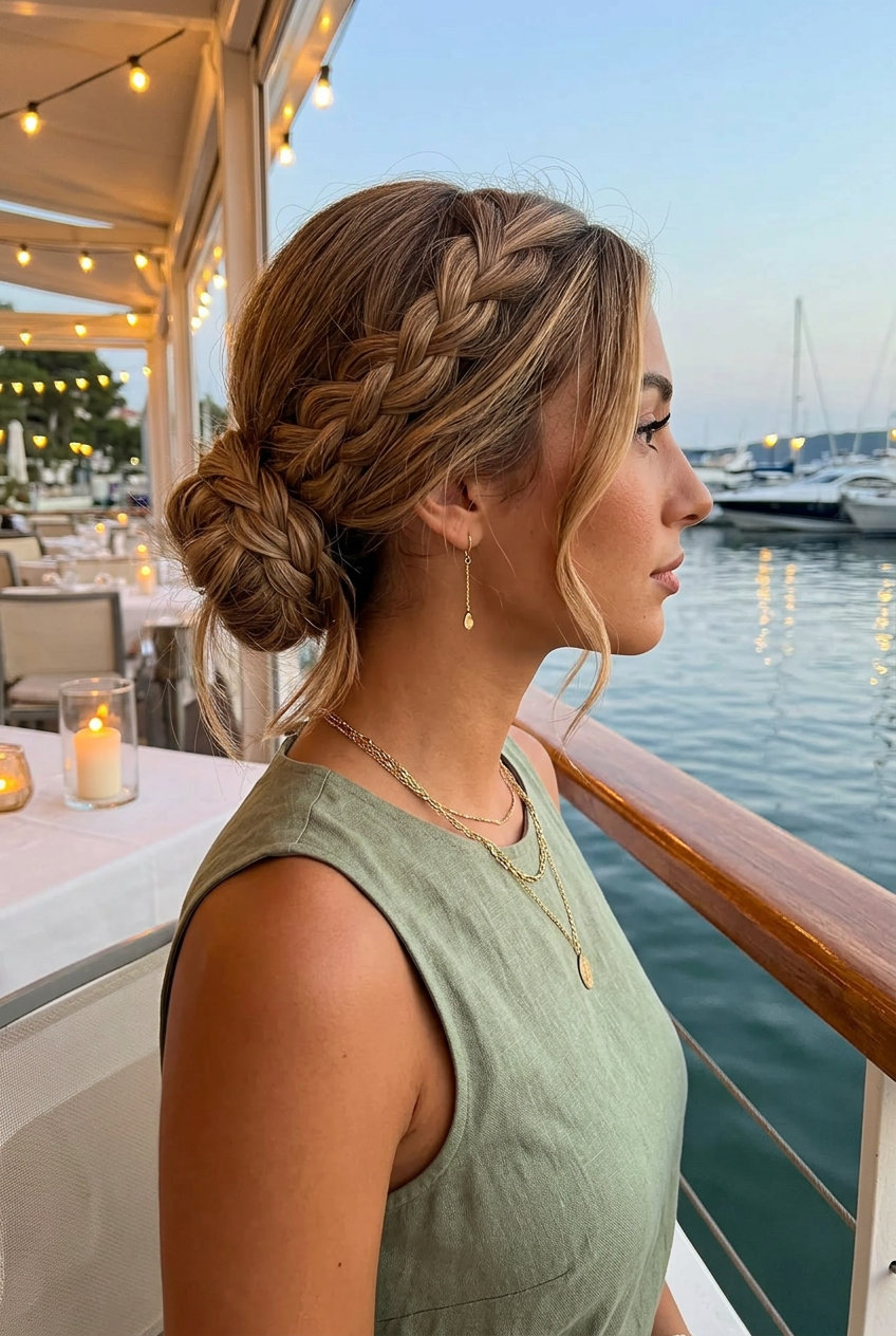 Modern Romantic Braided Bun Champagne 2026 long champagne bronde braided bun with face-frame for summer 2026