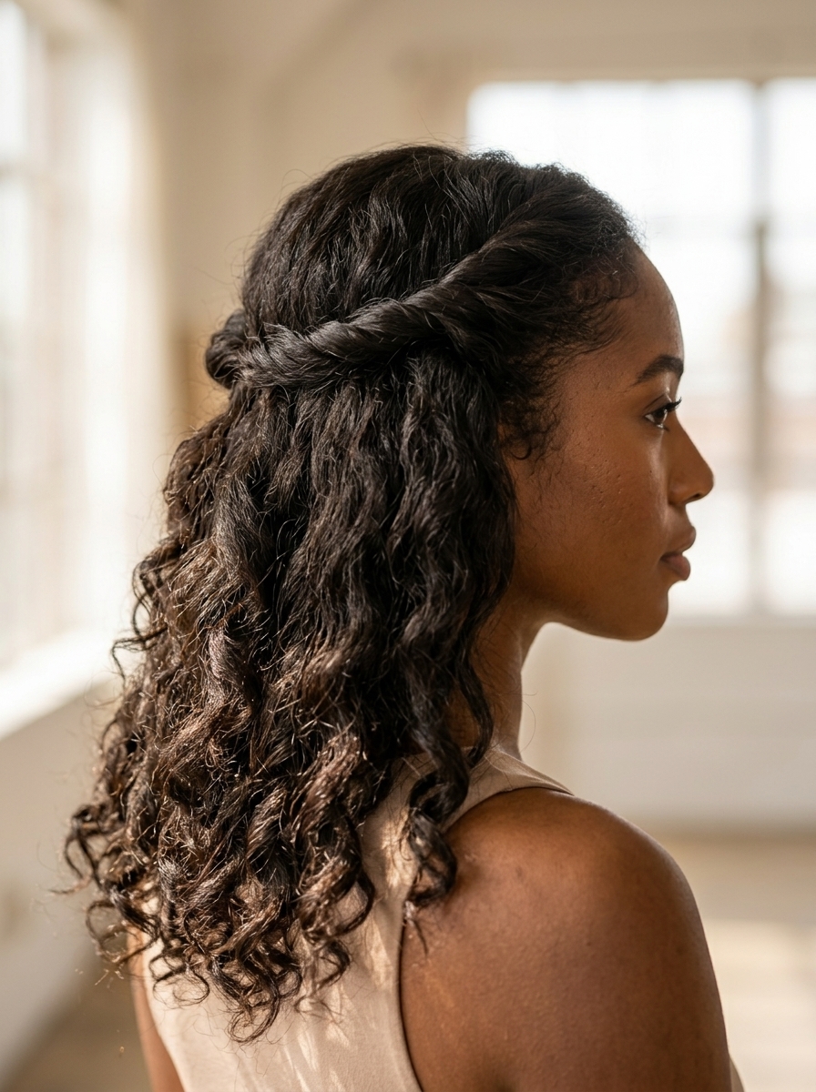 long natural hair twisted crown with champagne gold and deep chocolate roots, romantic tendrils — date night