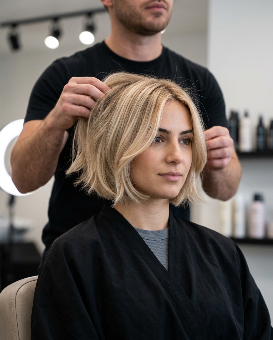 short french bob haircut in champagne blonde with babylights, invisible layers, face-framing pieces — romantic summer style