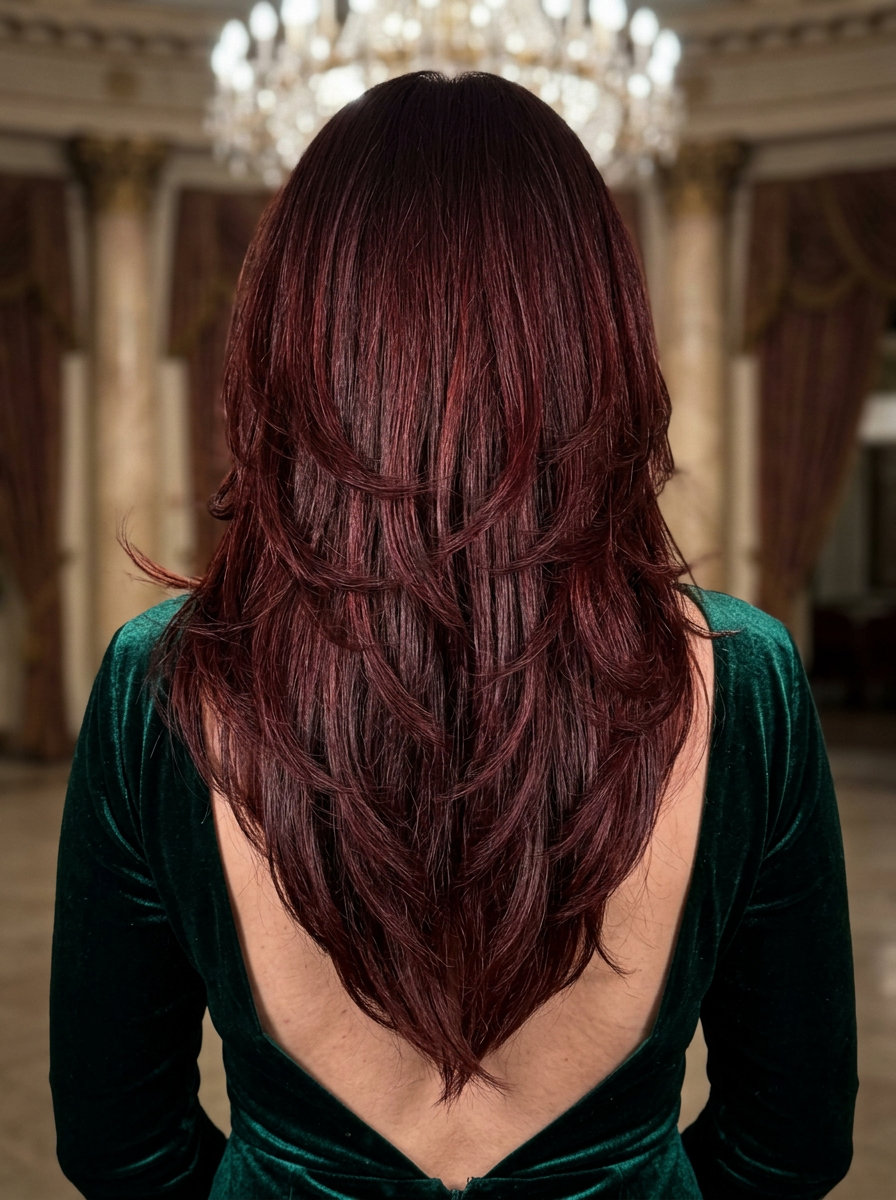Cherry Cola Red Hair 2026: Bold & Elegant long cherry cola red-brown hair with ruby tones, chin-length face-framing layers, V-cut back — bold formal event