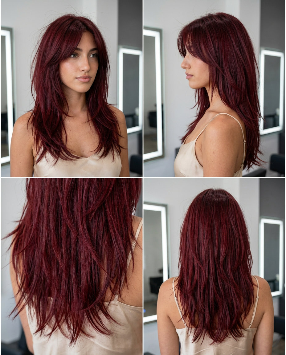 long layered haircut with cherry cola red, piecey textured layers — playful & edgy