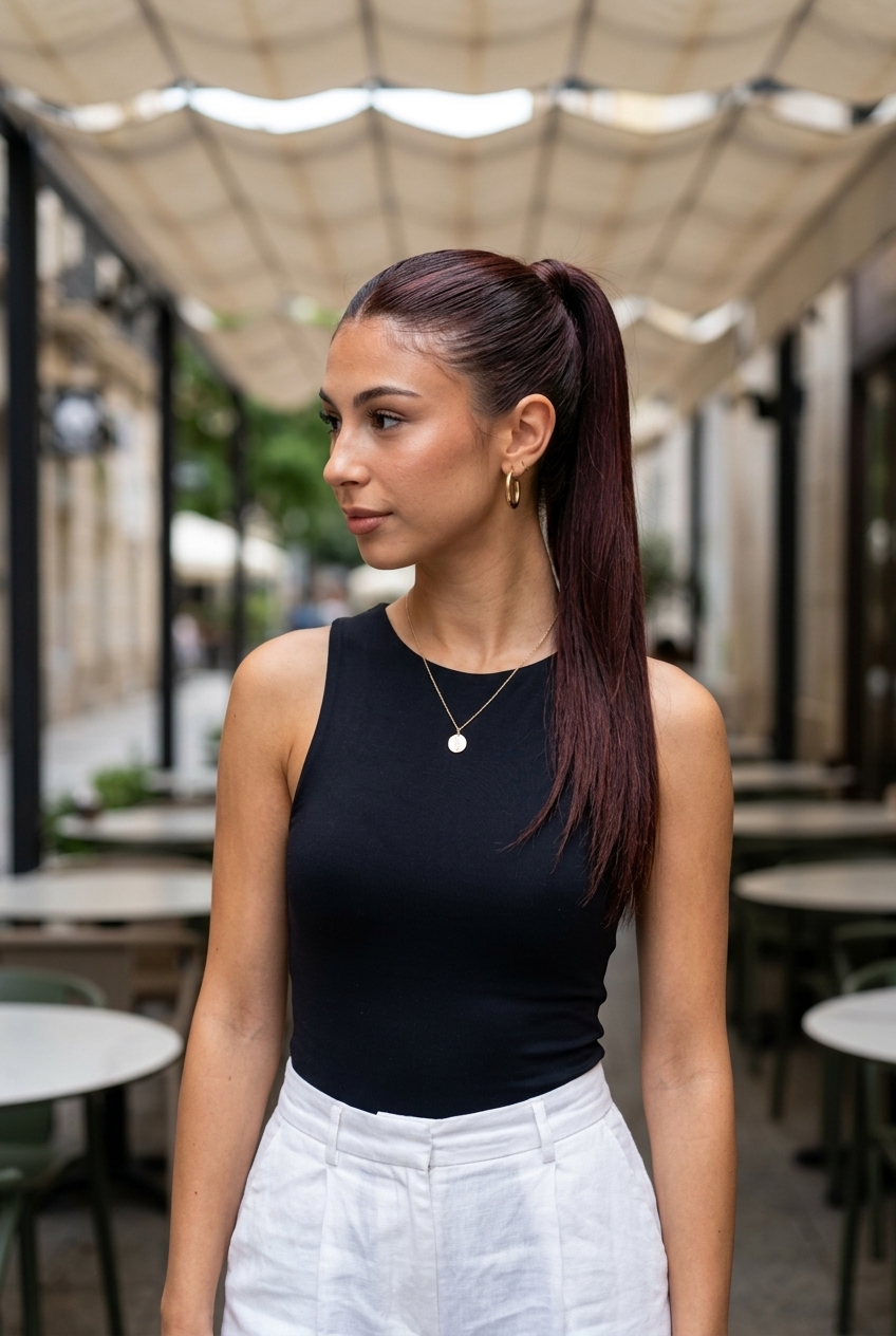 cherry cola brunette long hair with sleek high ponytail for summer