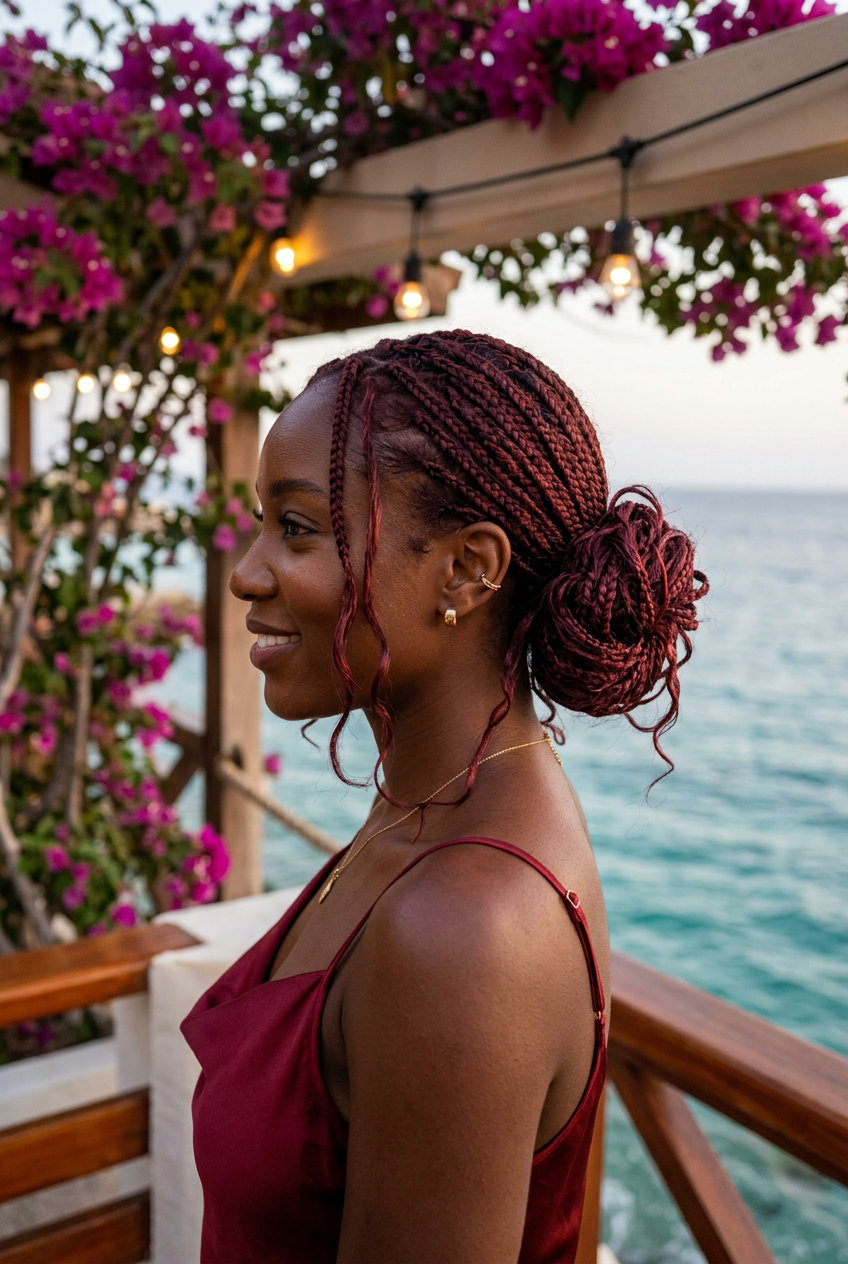 Parisian Braided Bun 2026 medium cherry cola red braided bun with violet undertones and wispy strands for summer 2026
