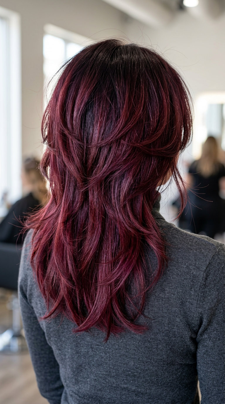 medium-length butterfly shag in cherry cola red with winged layers and black root smudge for summer