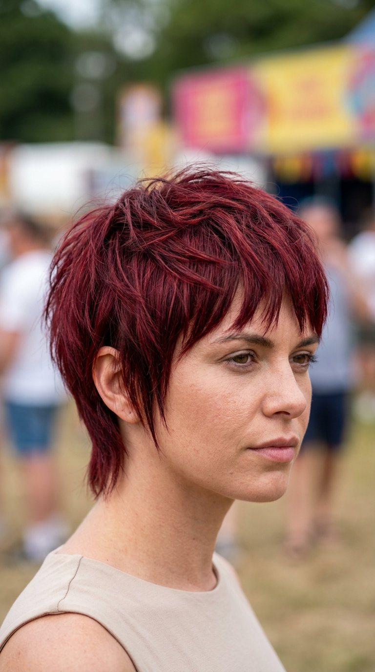 very short pixie shag haircut in cherry cola red with razored layers and piecey fringe for summer