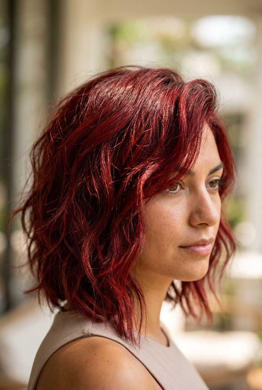 chin-length messy wolf cut bob with deep cherry cola red, choppy layers, brow-grazing bangs — bold, sultry