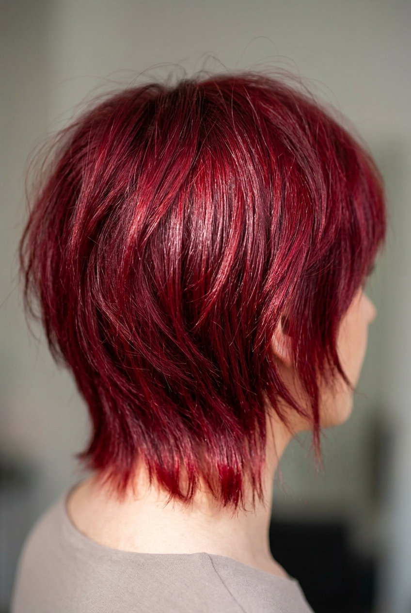 short cherry cola bixie haircut with violet undertones and swept fringe for date night