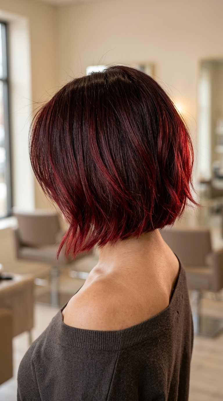 short bob haircut in cherry cola with red undertones, razor-cut layers, deep side part — bold and vampy