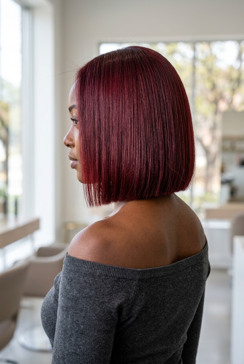 chin-length blunt bob haircut with deep cherry red, violet undertones, razor-sharp perimeter — edgy