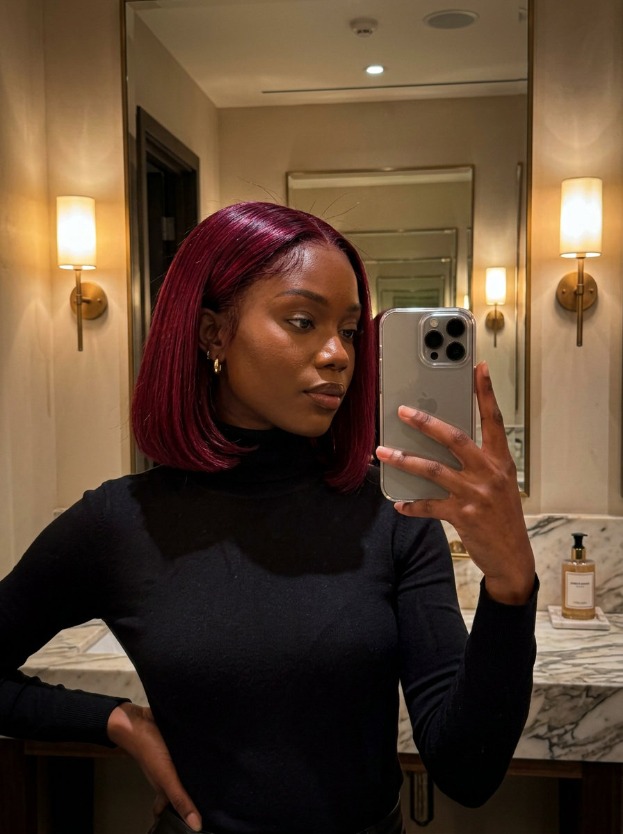 chin-length blunt bob haircut with midnight cherry red, ruby undertones, no fringe — retro date night