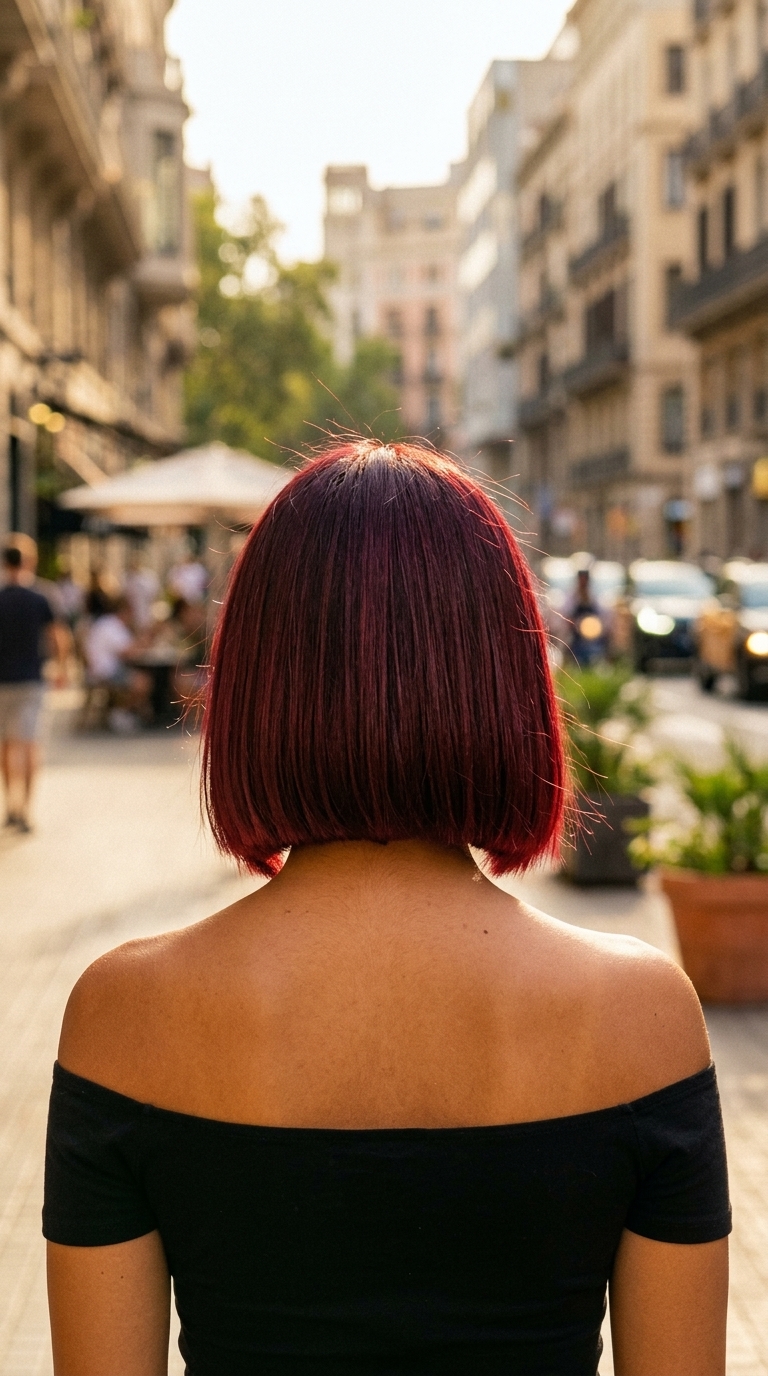 jaw-length blunt bob haircut with vibrant cherry red, violet undertones, point-cut ends — bold