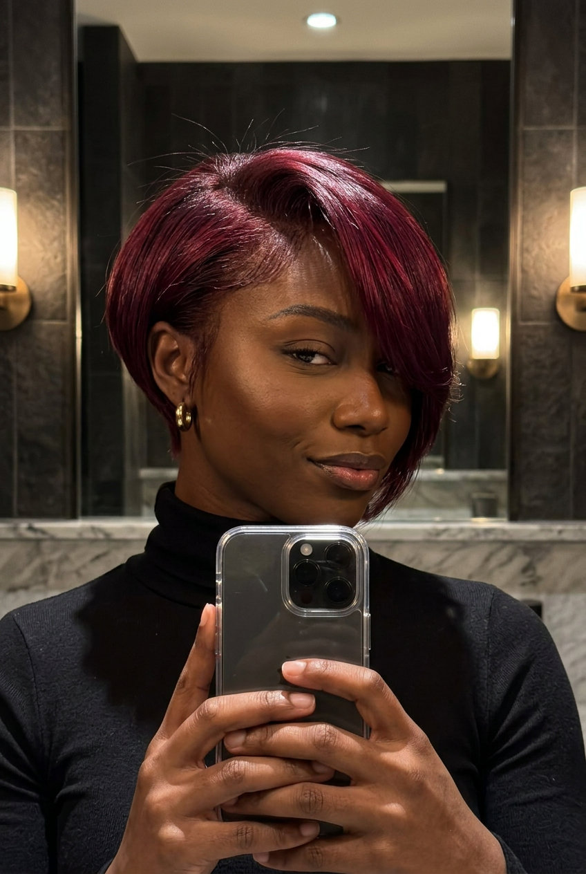 short asymmetrical bixie haircut in deep cherry red with violet undertones, razored edge — edgy