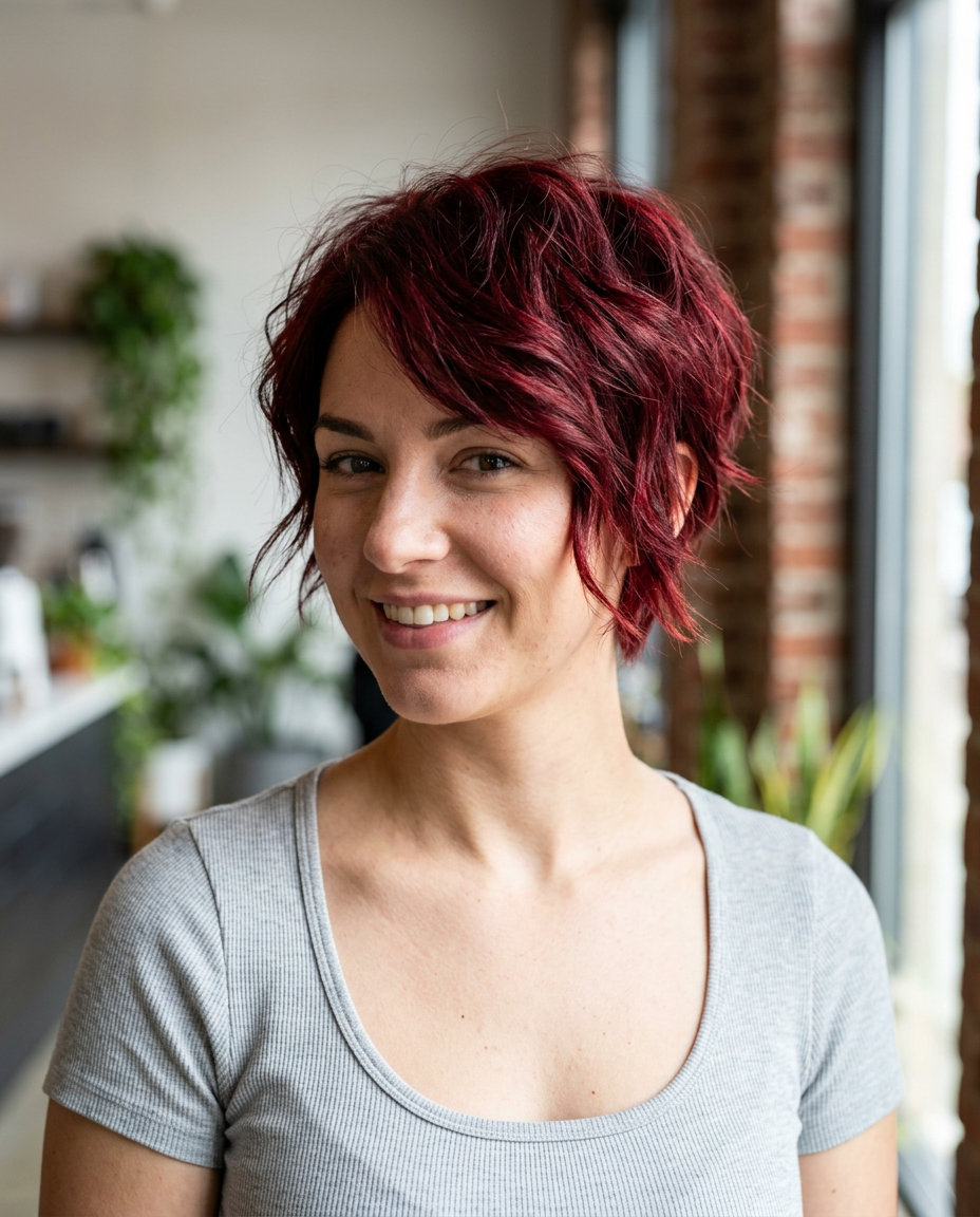 very short pixie haircut with deep cherry red, textured layers and micro-fringe for trendy casual
