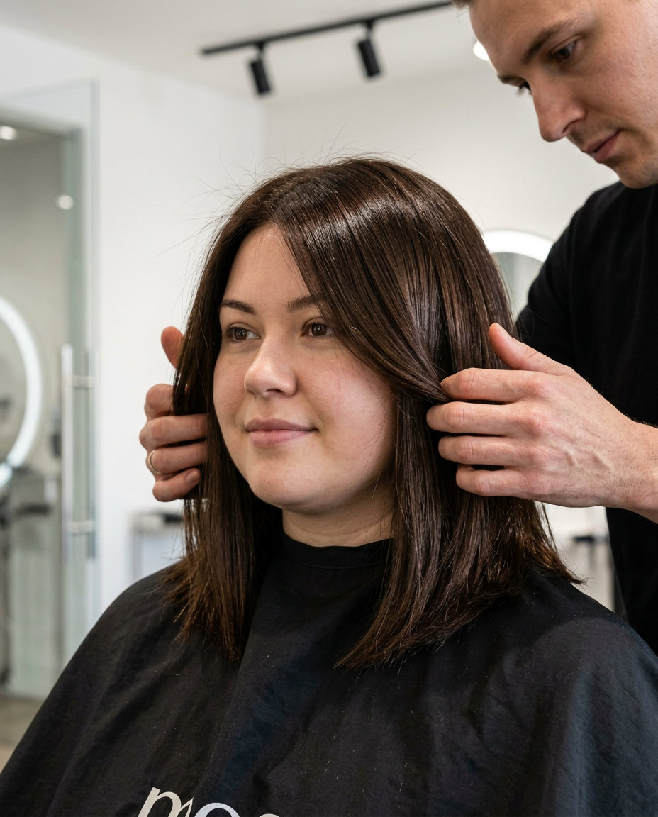 medium razor-cut lob haircut with deep chocolate brown, uniform color, no fringe — edgy modern style