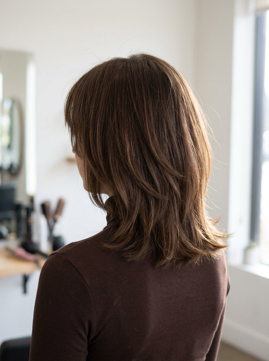 medium-length shag haircut in warm chocolate brown with subtle caramel whispers and wispy bangs for summer