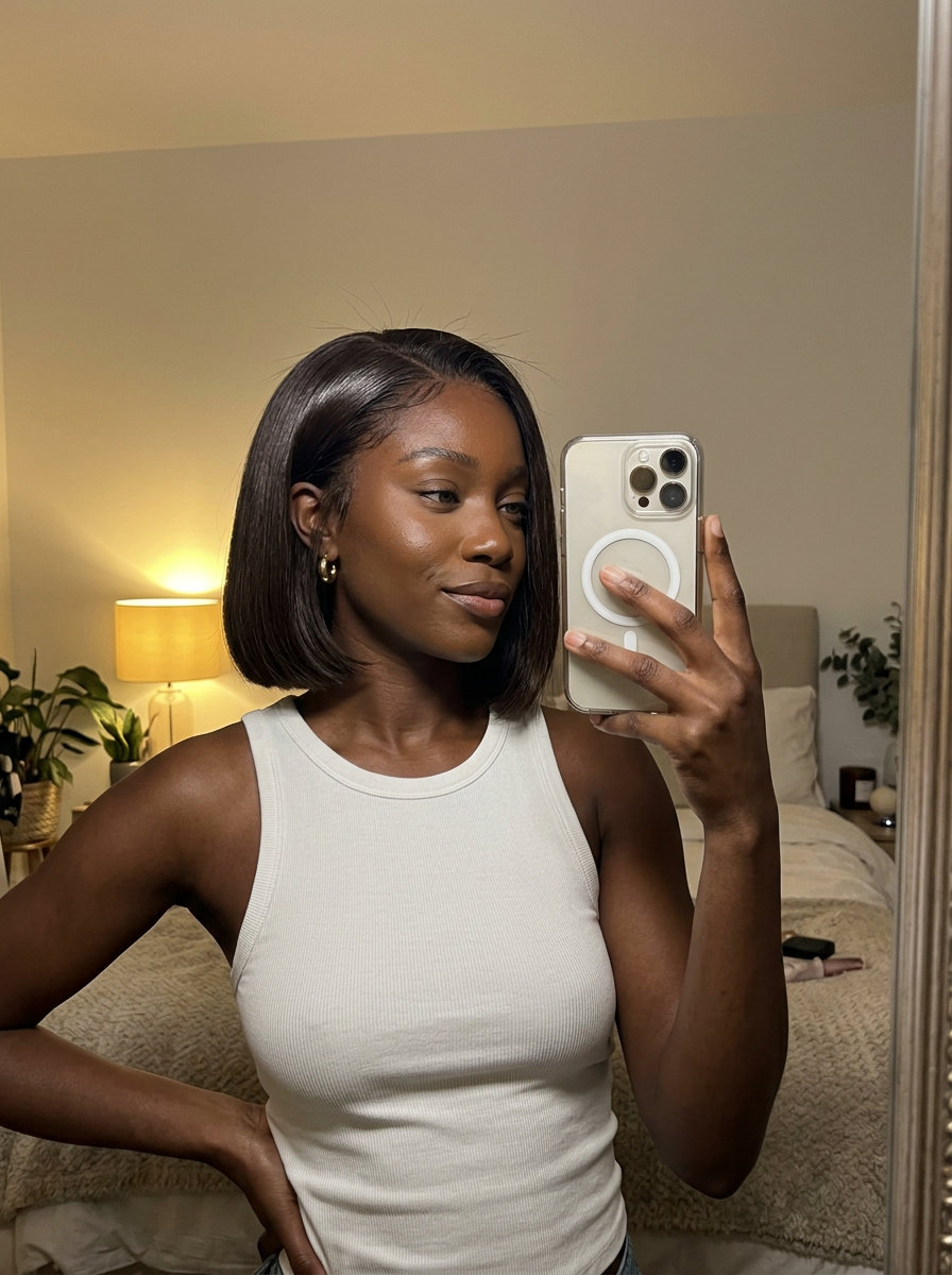 short blunt bixie haircut in deep chocolate brown with cool undertones, high-gloss finish — sophisticated