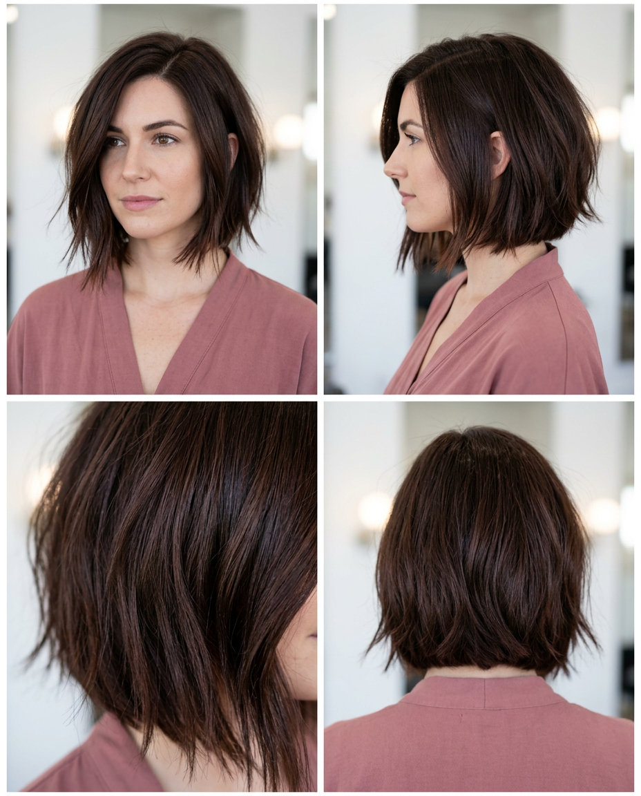 short bob haircut in chocolate brown with mahogany undertones, internal ghost layers, point-cut ends — edgy and lived-in