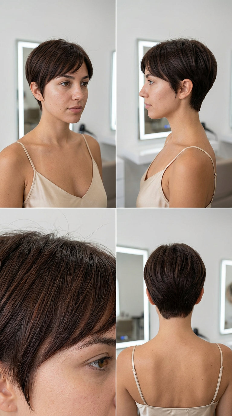 very short pixie haircut in chocolate brown with espresso gloss, sculpted silhouette for classic mood