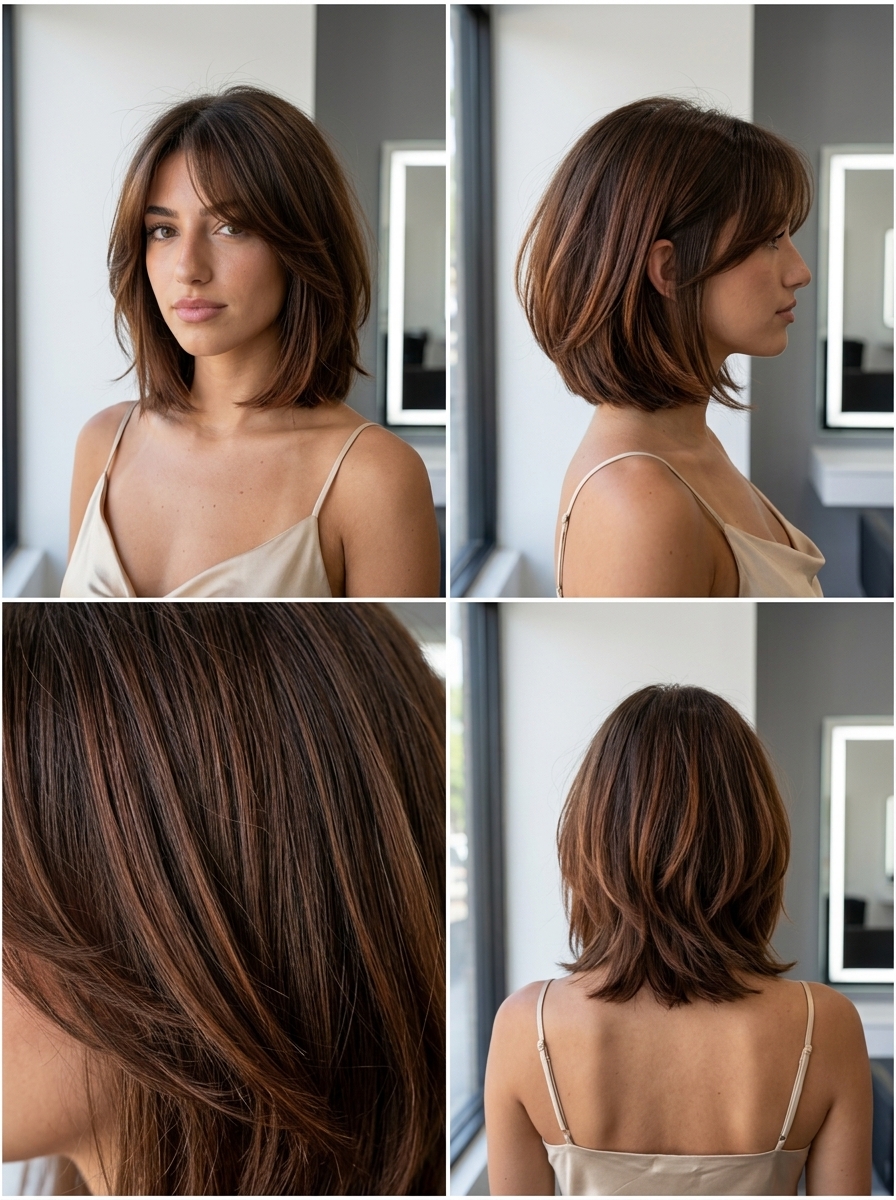 short chocolate brunette bixie haircut with auburn lowlights, curtain bangs, rounded perimeter — playful