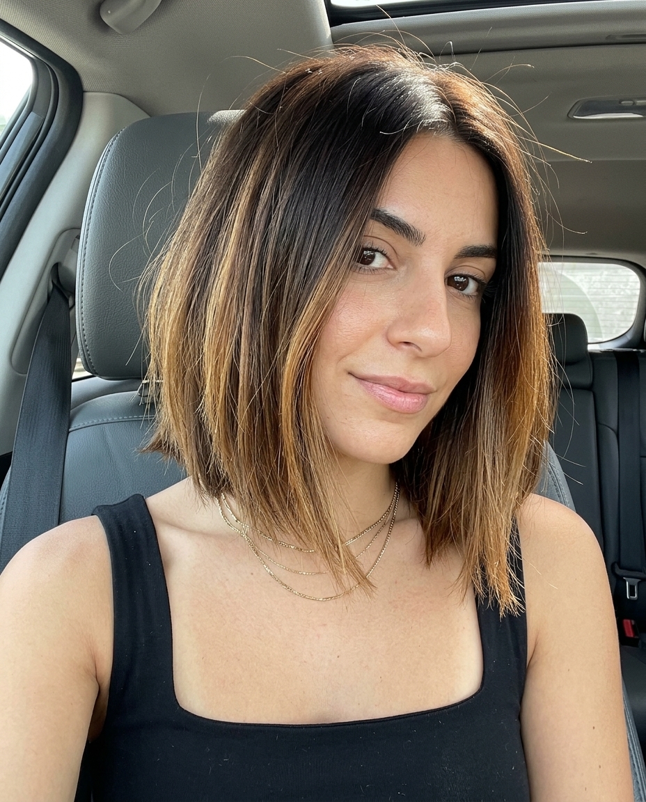 Chocolate Ombré Choppy Bob 2026 collarbone-length choppy bob haircut with chocolate ombré, caramel tones, and sleek finish for elegance
