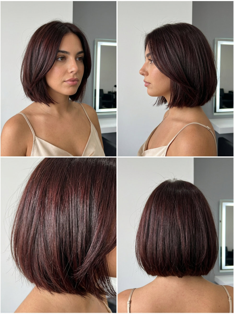 Chocolate Cherry Choppy Bob 2026 chin-length choppy bob haircut with chocolate cherry, espresso tones, and blunt perimeter for polish