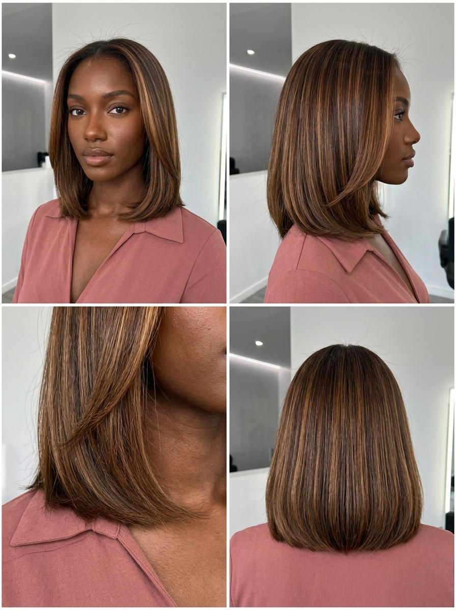 collarbone blunt bob haircut with warm chocolate brown, caramel babylights, soft rounded perimeter — romantic