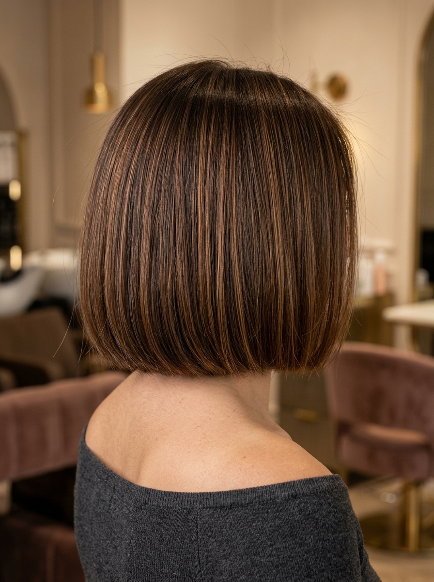 collarbone blunt bob haircut with warm chocolate brown, caramel babylights, one-length perimeter — sophisticated