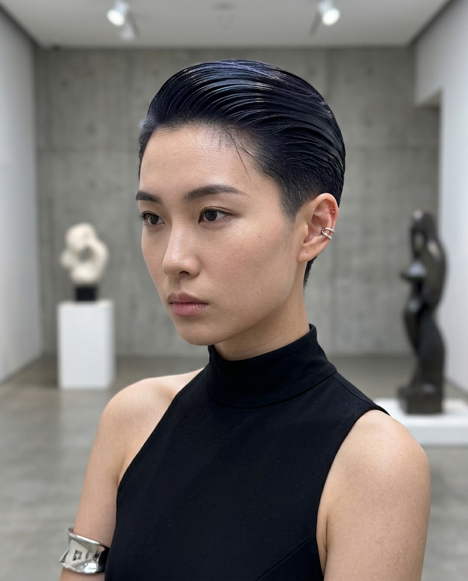 Hydro-Chic Hairstyle 2026: Cool Blue-Black very short sculpted hairstyle cool blue-black, faded undercut, slicked back top — sophisticated minimalist