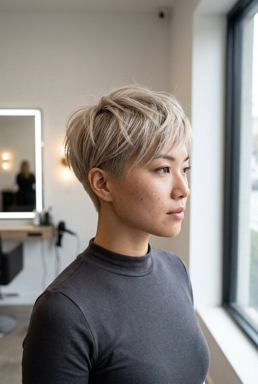 very short pixie haircut with cool linen blonde, undercut sides for modern minimalist style