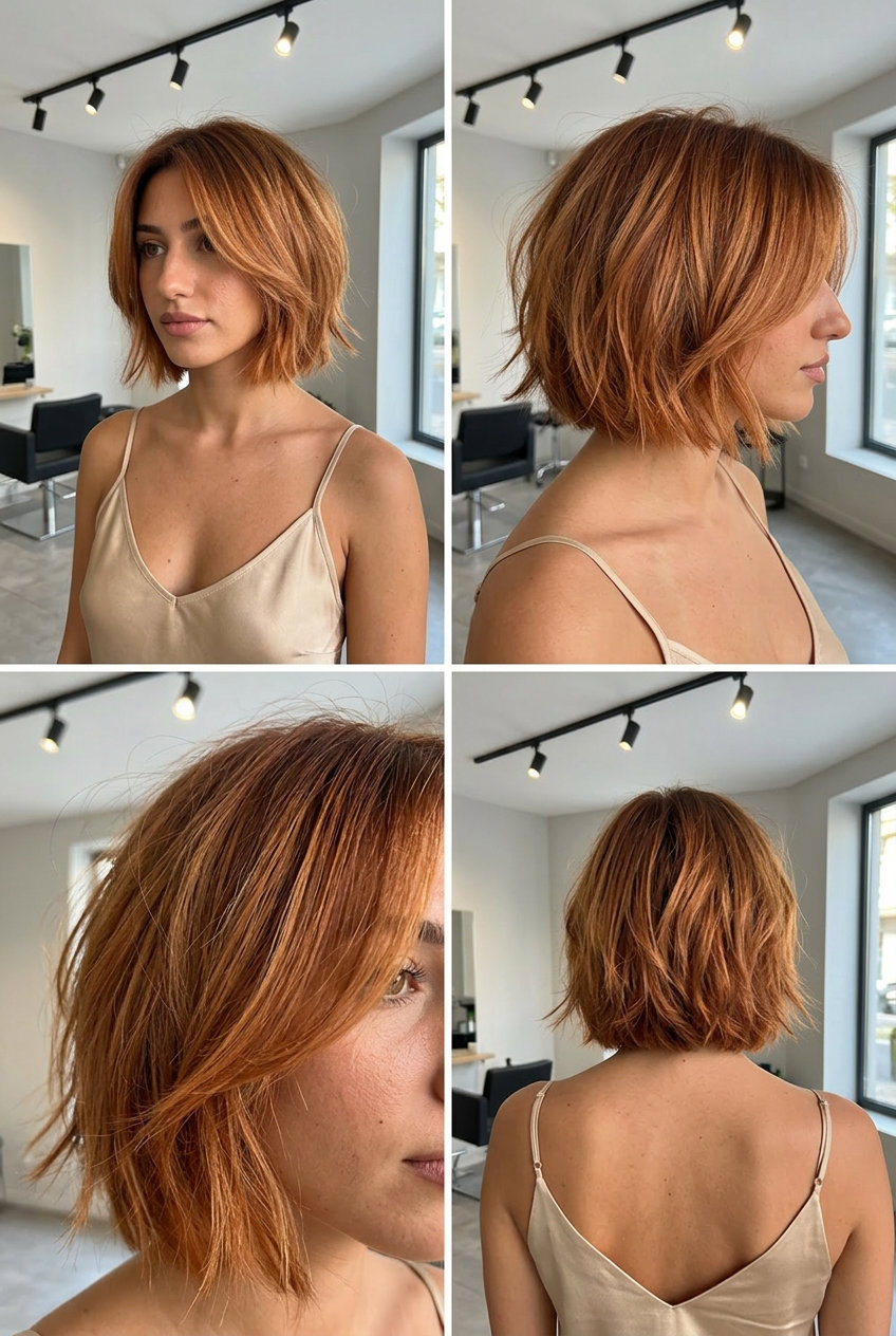 Copper Balayage Choppy Bob 2026 collarbone-length choppy bob with rich copper, ginger & apricot balayage, razored texture, face-framing layers for daily wear