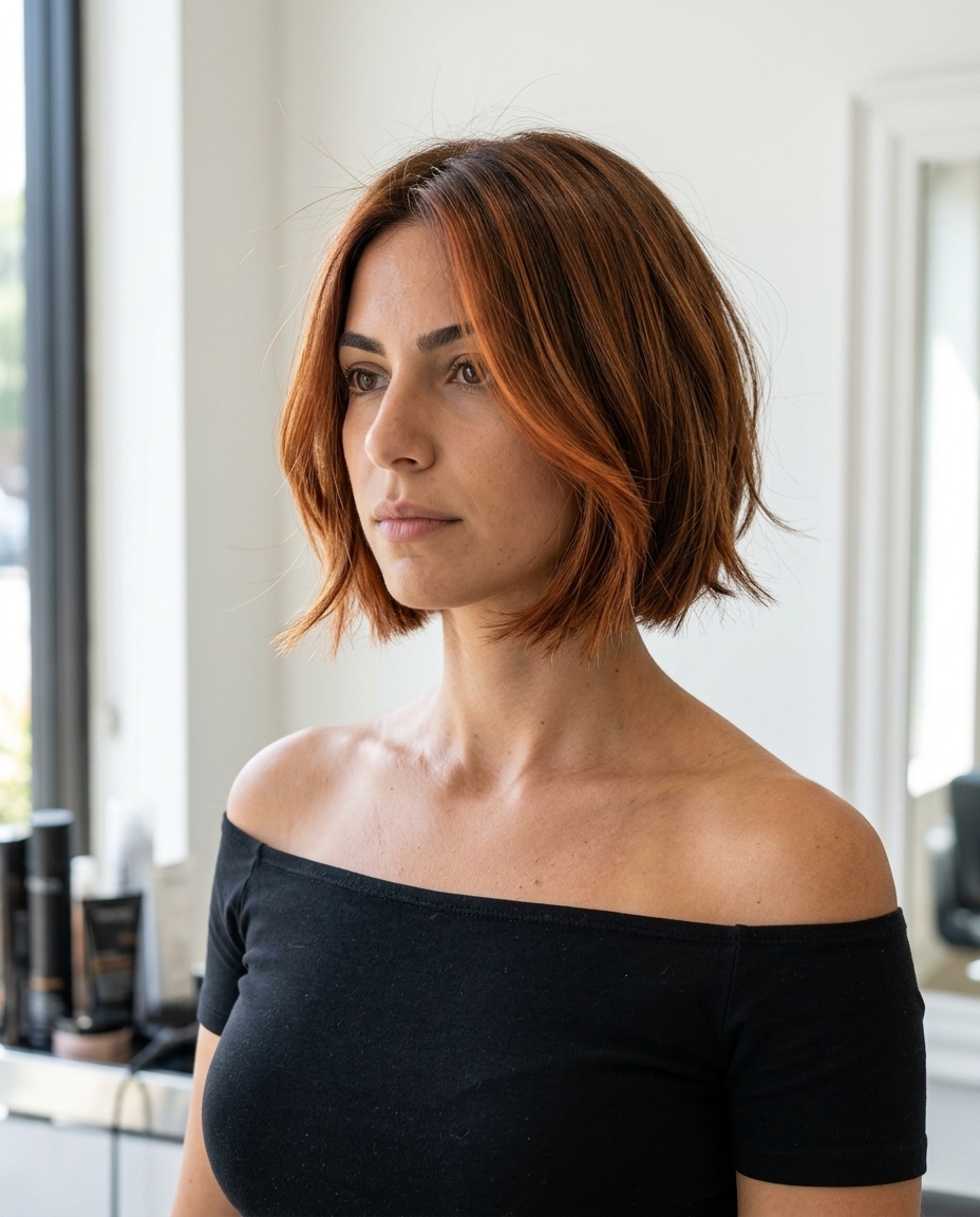 short french bob with copper balayage, razored ends for playful look