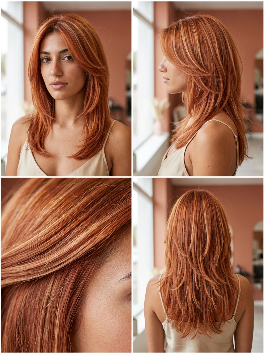 long layered haircut in vibrant apricot crush copper red with strawberry blonde ribbons, choppy shag layers — playful festival vibe